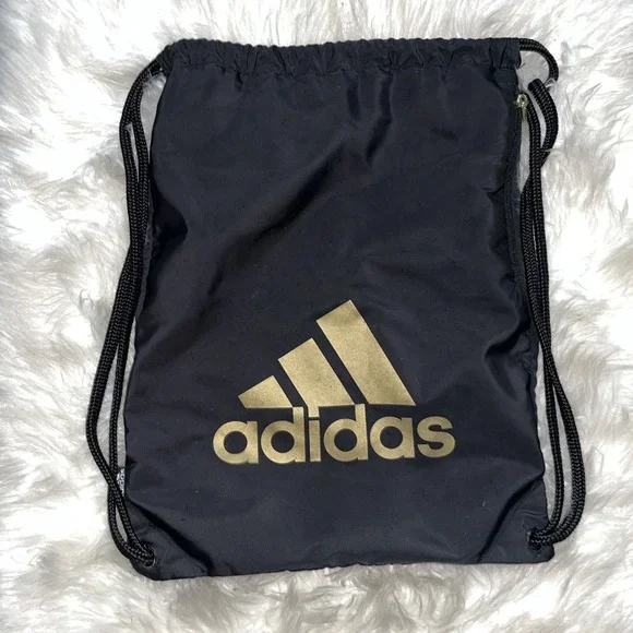 Adidas Drawstring Backpack Gym Bag Black‎ Yellow 3 Stripe Logo Sporty Athletic
