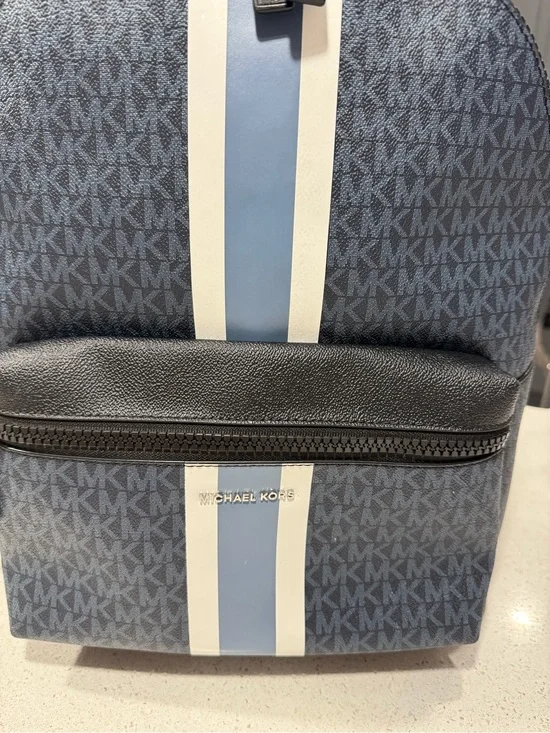 Michael Kors Men's Navy Blue Backpack with White and Light Blue Stripes