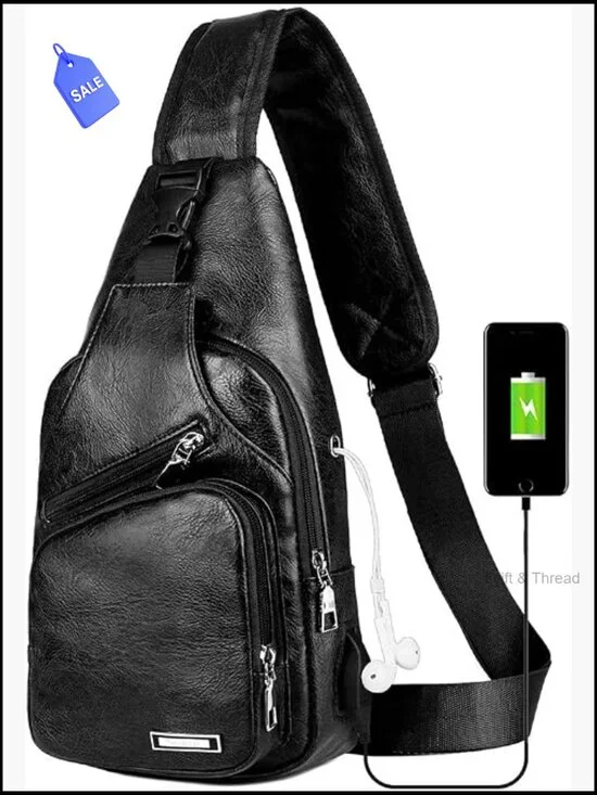 Leather Sling Backpack with USB Charging Port Crossbody Bag