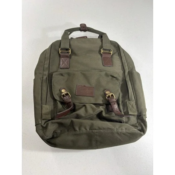 Florsheim Backpack Green Canvas Brown Leather Laptop Bag School Organizer READ!