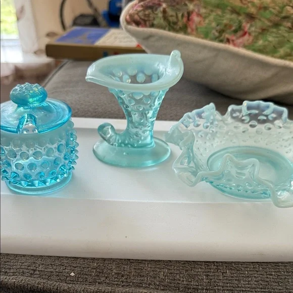 Vintage Blue Glass Hobnail Set Fenton