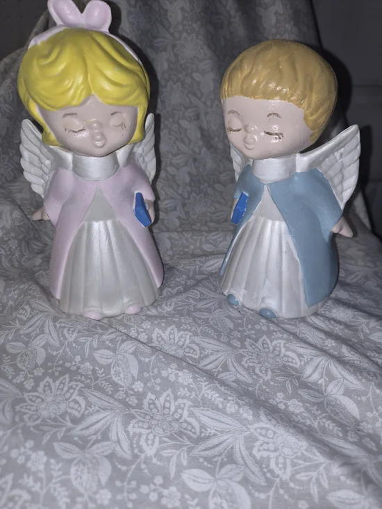 Vintage 1970s Kissing Angel Boy Girl Ceramic Figurines