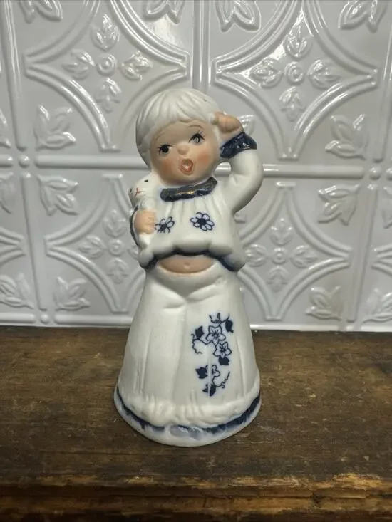 Vintage Jasco Porcelain Blue and White Doll Bell Girl in Pajama with bunny
