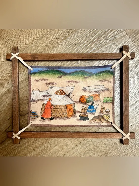 Vintage Mongolian Hand Painted Leather Folk Art Rustic Wood Frame Nomadic Scene