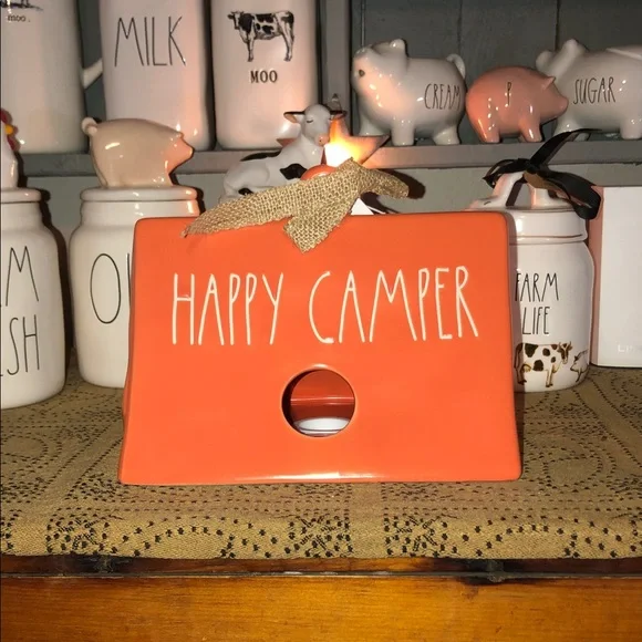 Rae Dunn HAPPY CAMPER Tent Shaped Birdhouse Orange
