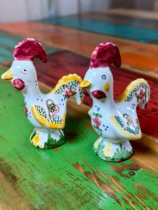 Vintage Portuguese Good Luck Rooster Figurines Hand Painted Pair Signed