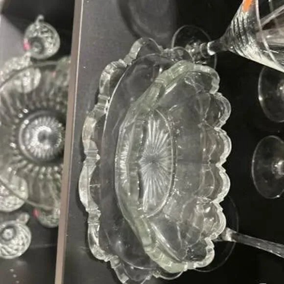 Vintage Clear Pressed Glass Scalloped Oval Serving Bowl & Matching Underplate Se