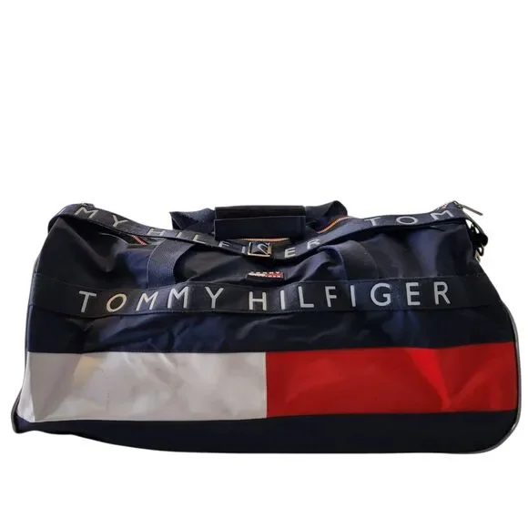 Vintage Tommy Hilfiger Duffle Bag Spellout Color Block 24” Weekender Gym w/Strap