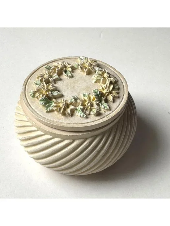 Vintage Ceramic Jewelry Trinket Box With Floral Lid Design & Swirl Pattern
