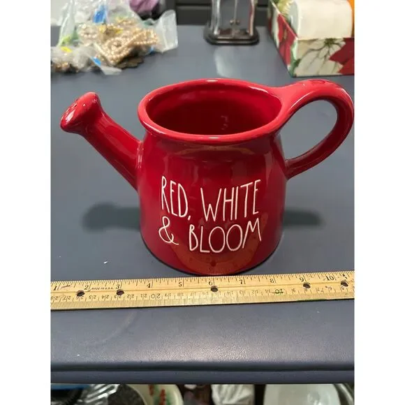 red, white and bloom by rae dunn. ceramic watering pitcher