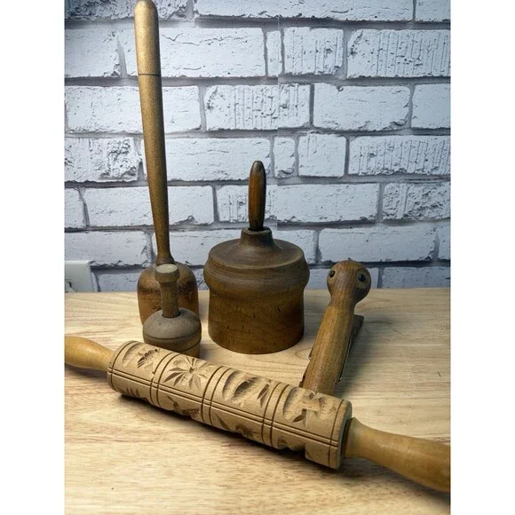 Antique Kitchen Lot Butter Molds Potato Masher Giant Clothespin Rolling Pin 4 Pc