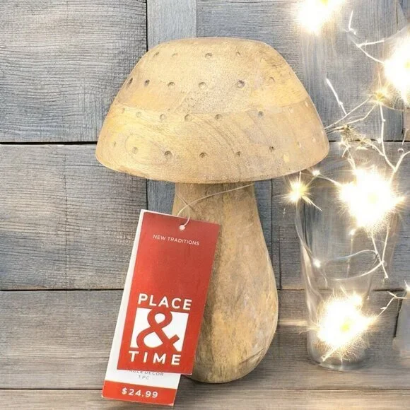 Place And Time Wooden Tall Mushroom Primitive Style‎ Wood Figurine With Labels
