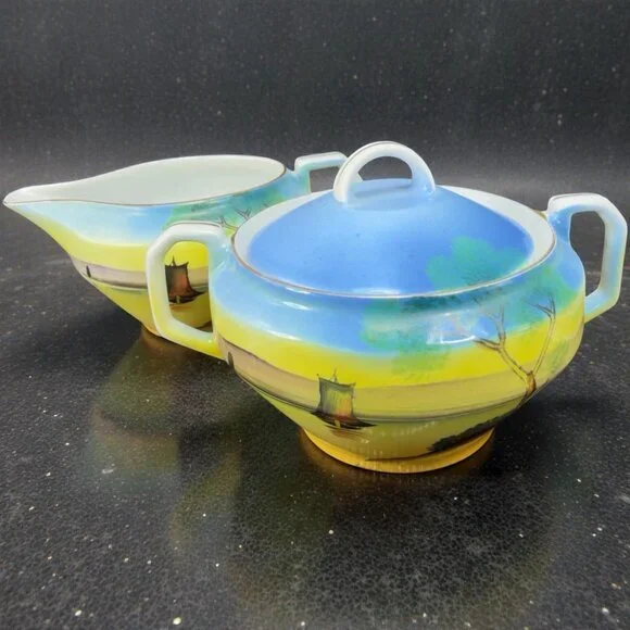 Meito‎ China Chikaramachi Porcelain Sugar And Creamer Set 2 Hand Painted Japan