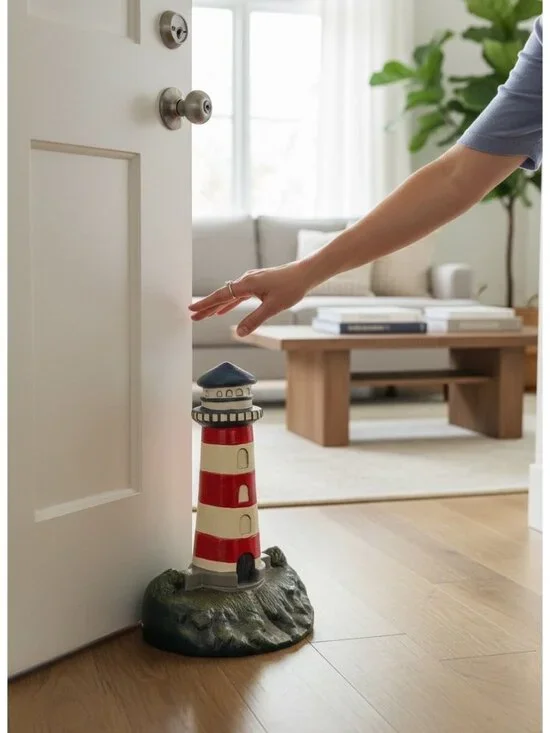 Hand-Painted Lighthouse Figurine With Red & White Stripes On Rocky Base