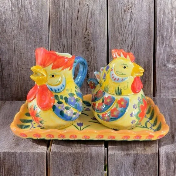 Fontana‎ Dario Farrucci Collection Set Rooster Sugar Bowl Creamer And Tray Set