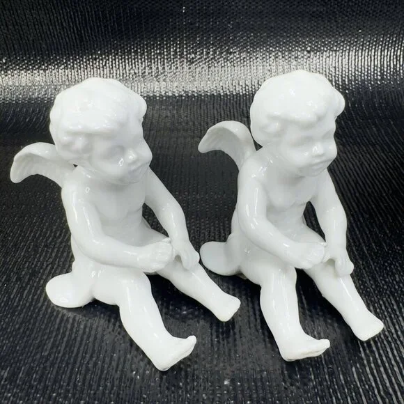 Fitz And Floyd White Porcelain Angel Cherub Set 2‎ Figurine W Original Stickers