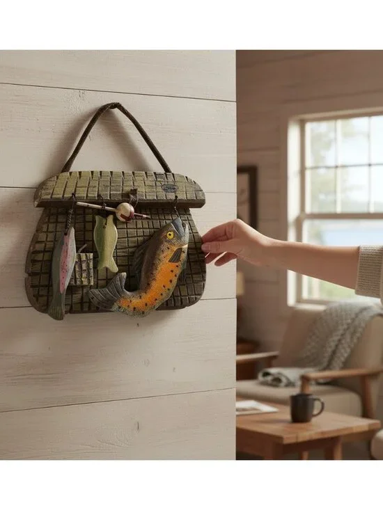 Vintage Fishing Basket Wall Decor With Fish & Tackle Accents Rustic Cabin Style