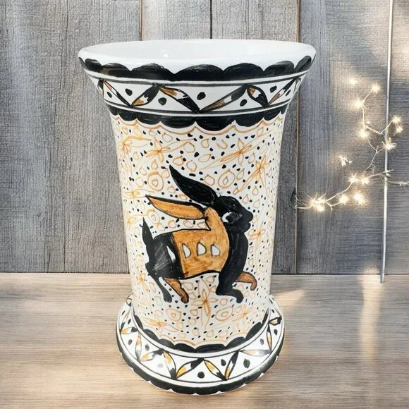 Vintage Portuguese Pottery Hand Painted Vase Vessel Deer Bunny‎ Scene Portugal
