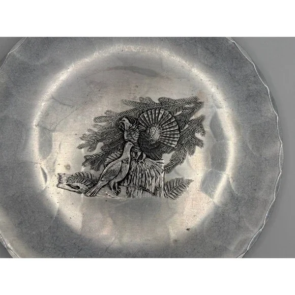Vintage Wendell August Forge turkey-themed hand-forged aluminum plates