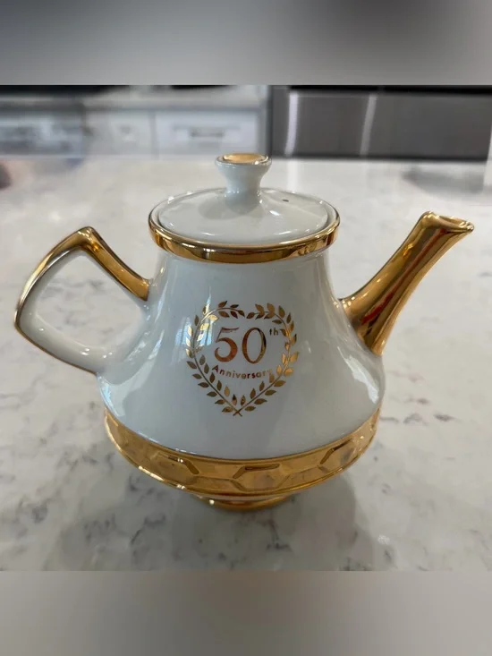 Gibsons Staffordshire England 50th Anniversary White Teapot with 22k Gold Trim