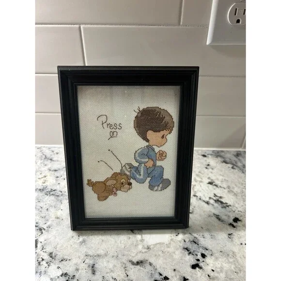 Vintage Handmade Cross Stitch Picture Precious Moments Boy & Dog Black Frame