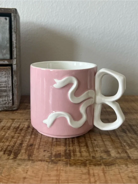 New Pink ceramic Mug With White Bow