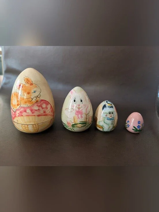 Hand Painted Bunny Egg Decor Set Cream Pastel Colors Easter Spring Cottagecore