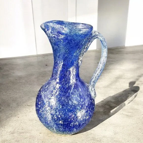 Hand Blown Glass Pitcher Carafe Brutalist Style With Bubbles Blue Yellow Glass‎