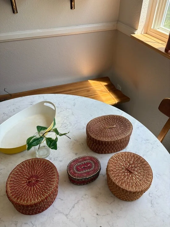 Set of 4 Vintage Boho Chic Sweetgrass Round Storage Baskets