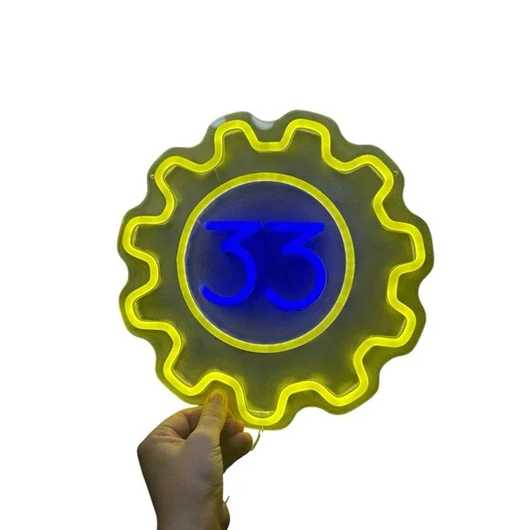 Fallout Vault 33 Neon Sign Yellow & Blue Gear USB Dimmable 11.5
