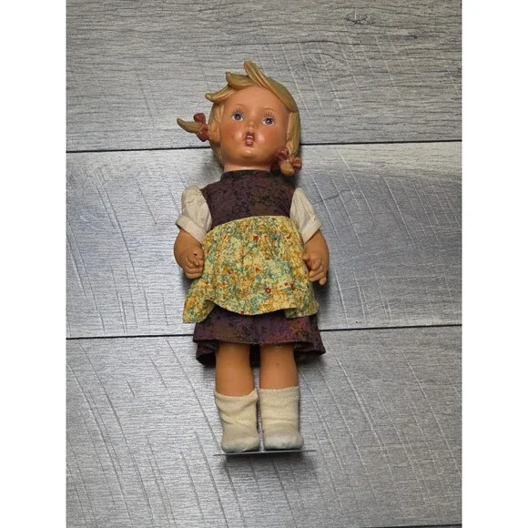 VTG Goebel J Hummel Vinyl Girl Doll With Stand Braids Traditional Dress Mid 20th