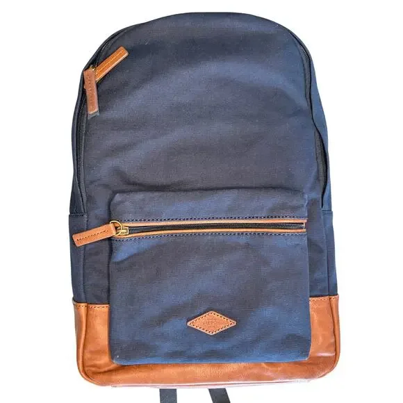 NWT Fossil Estate Navy Blue Canvas Brown Leather Classic Vintage Retro Backpack