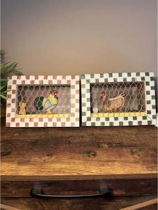 Pair of Chicken and Rooster Shadow Box Wall Art
