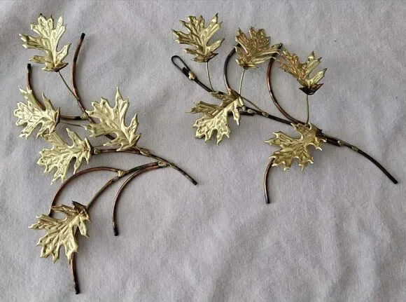 Home Interiors Oak Leaf Branches Metal Wall Hangings HOMCO Set Of 2 Vintage MCM