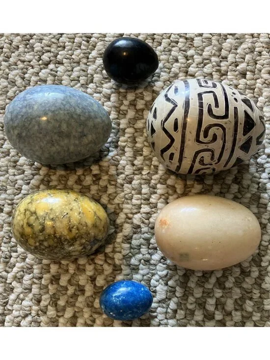 Lot Of 6 Stone/Marble Eggs 3” (4), 1 3/4” (2) Various Colors