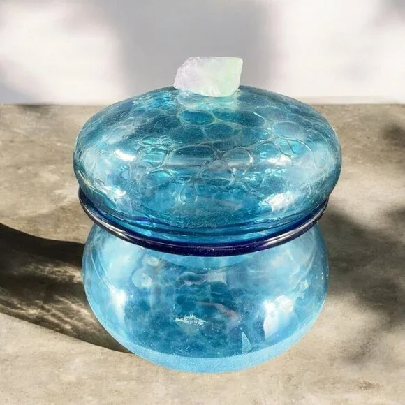 Hand Blown Glass Canister Jar With Lid Blue Frosted Bottom Hand‎ Made In Mexico