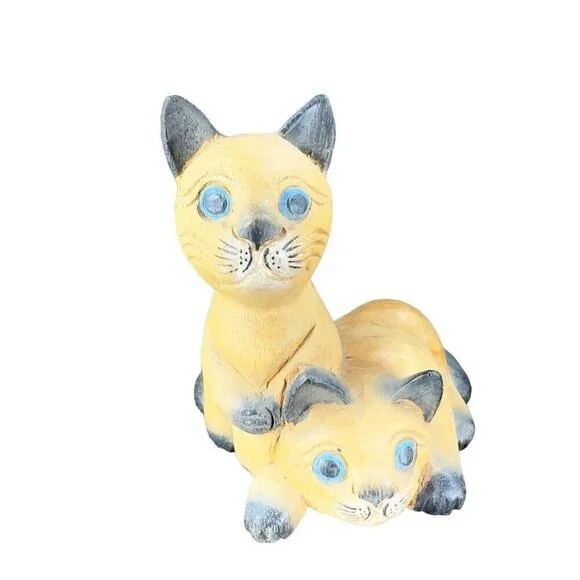 Vintage Hand Carved Wood Kitty Cat‎ Figurine Brown With Blue Eyes Cats Figure