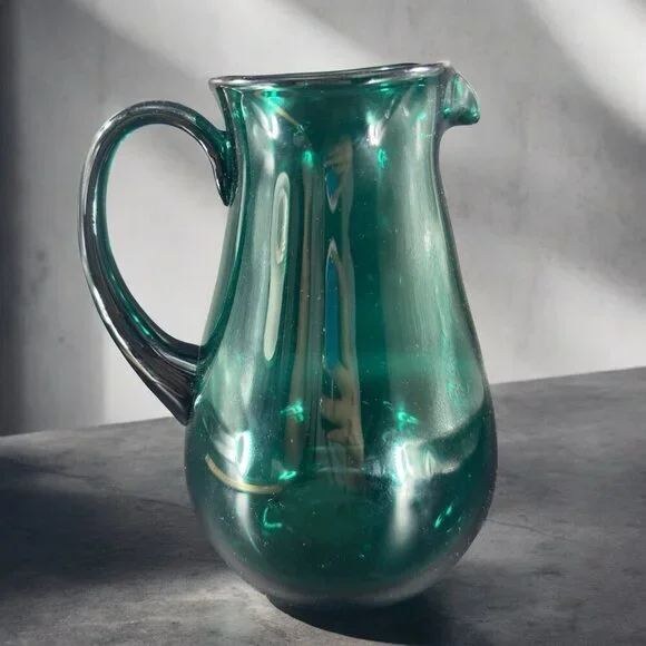 Hortensja Teal Green Blue Hand Blown Glass Pitcher  Made In Poland Vintage Decor