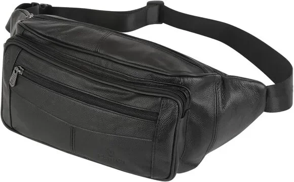 Genuine Leather Fanny Pack/Waist Bag/Organizer with Adjustable Belt- BLACK