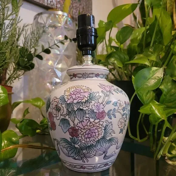 Vintage Lamp Boho Floral Chinoiserie Ginger Jar Table Size White Green Pink Red
