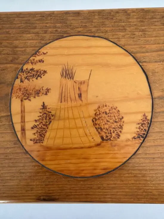 Vintage Wood Burned Pyrography Art Plaque Teepee Tipi Landscape Folk Art Sign