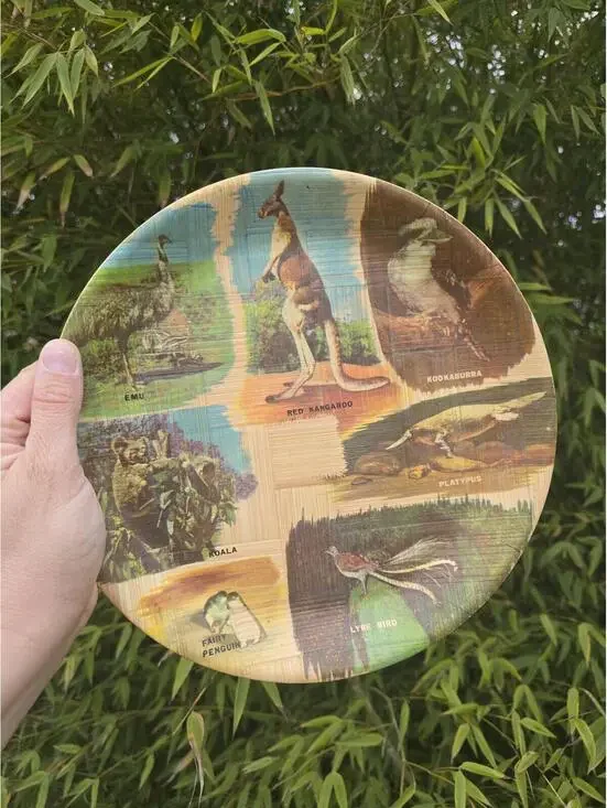 Vintage Australian Wildlife Bamboo Souvenir Plate Kangaroo Koala 11 Inch