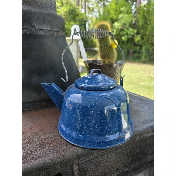 VTG Blue Speckled Enamelware Coffee Tea Pot Kettle 7