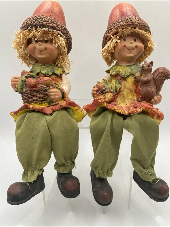Vintage Acorn Boys Shelf Sitters Resin Figurines Fall Thanksgiving Set of 2