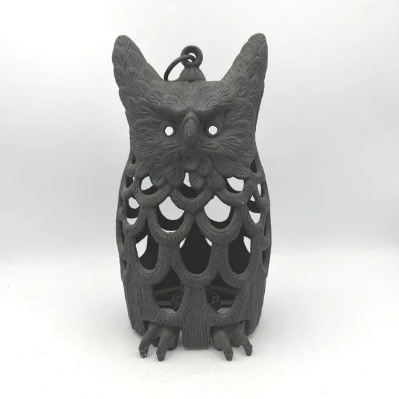 Vtg Owl Lantern Decor Black Cast Iron Hanging Garden Lantern Candle Holder