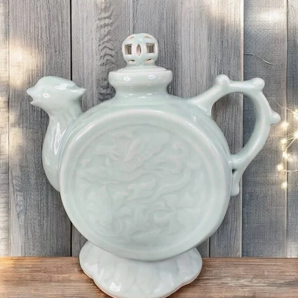 Vintage Chinese Celadon Teapot Phoenix Articulated‎ Lid Jug Carafe Light Green