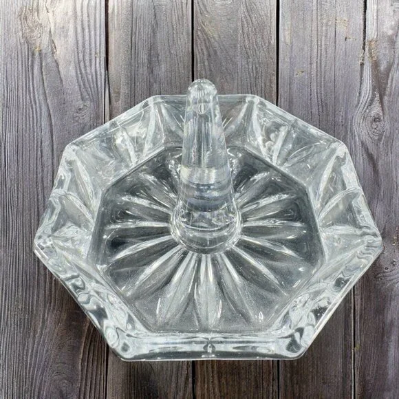 Vintage Bohemian Clear Crystal Glass Trinket Dish Ring Holder‎ Czech Glassware