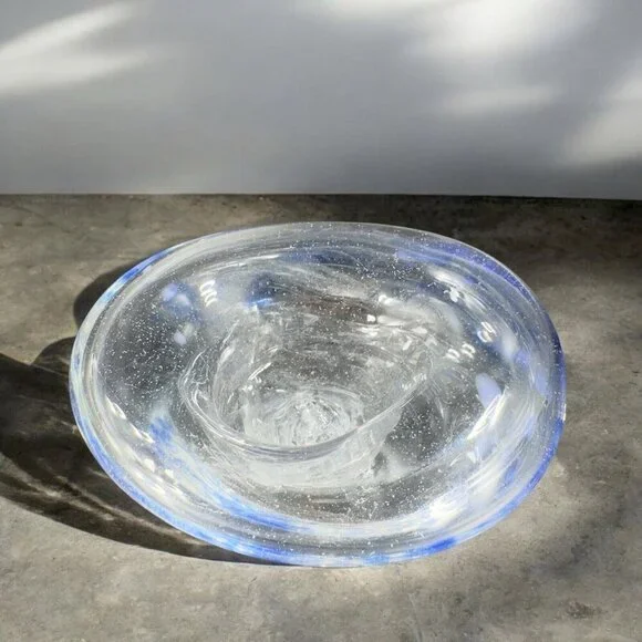 Vintage Hand Blown Art Glass Dish Bowl Clear With Blue Spots Hand Made Glass VTG