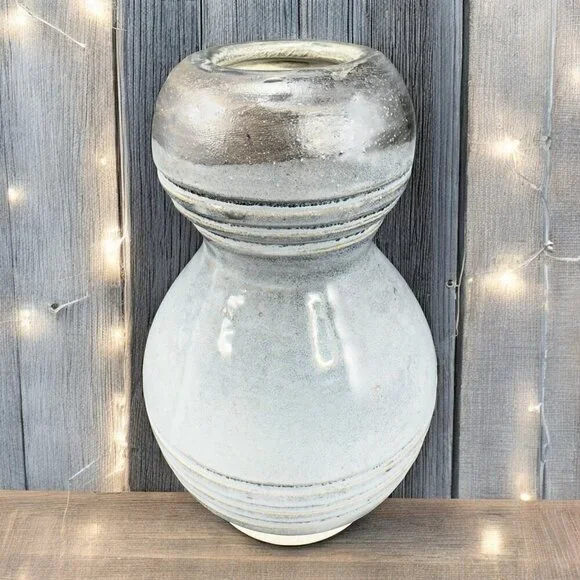 Primitive Style Art Pottery Bud Vase Round Bottom‎ Gray Black Lines Glaze Vase