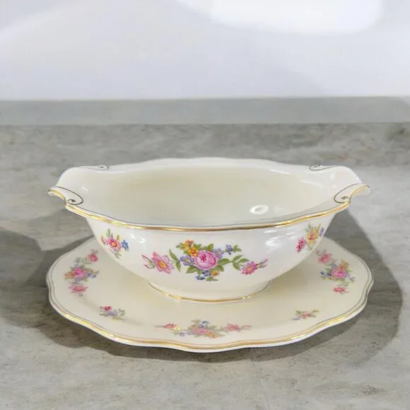 Vintage Baronet Bohemian‎ Rose Czechoslovakia Pink Gravy Boat W Under Plate Vtg